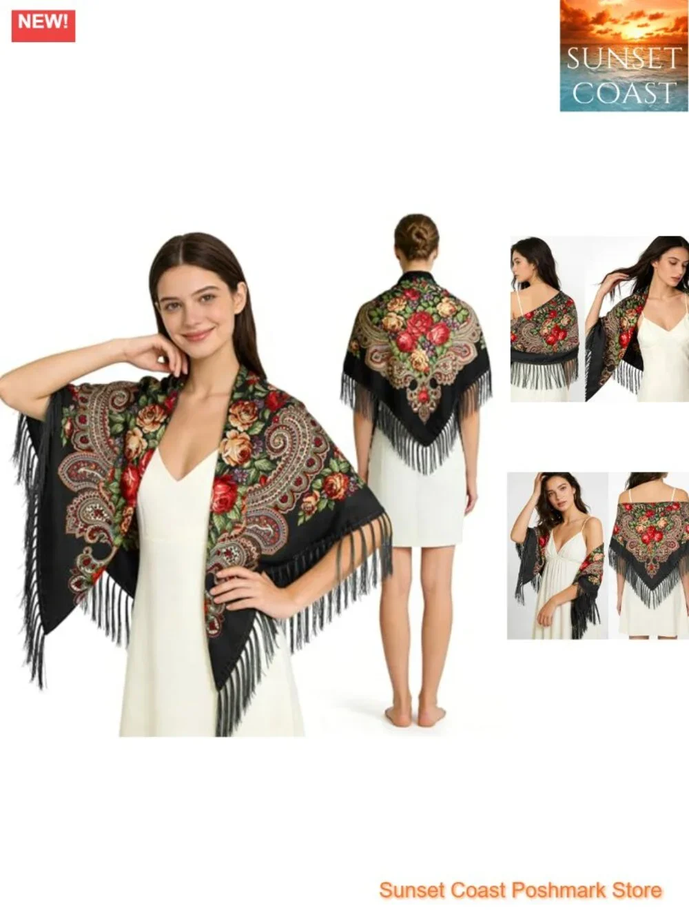 Russian Style Scarf Wrap Shawl with Tassels, Cotton Polyester, Lightweight,